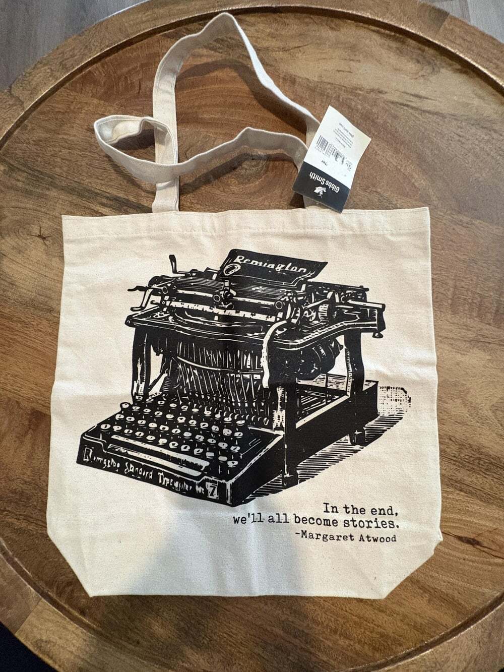 Gibbs Smith Tote Bag Womens Medium Beige Canvas Typewriter Quote Margaret Atwood